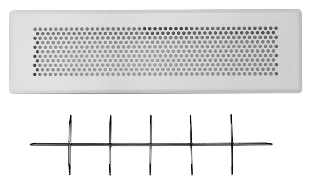 Zuluftgitter in Weiß von Vaillant mit perforierter Oberfläche für den Boden- oder Wandauslass, darunter eine flexible Montagehilfe aus metallischem Material.